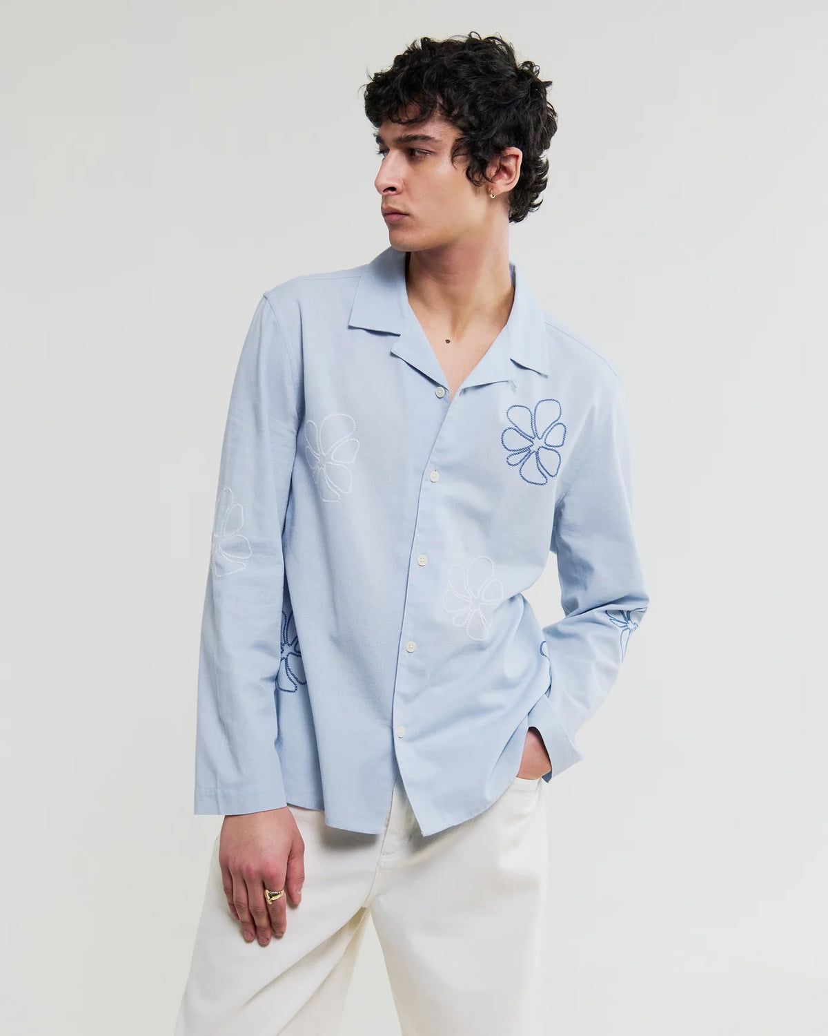 Wax London Blue Cross Stitch Doodle Corey Long Sleeve Shirt – WITTMORE